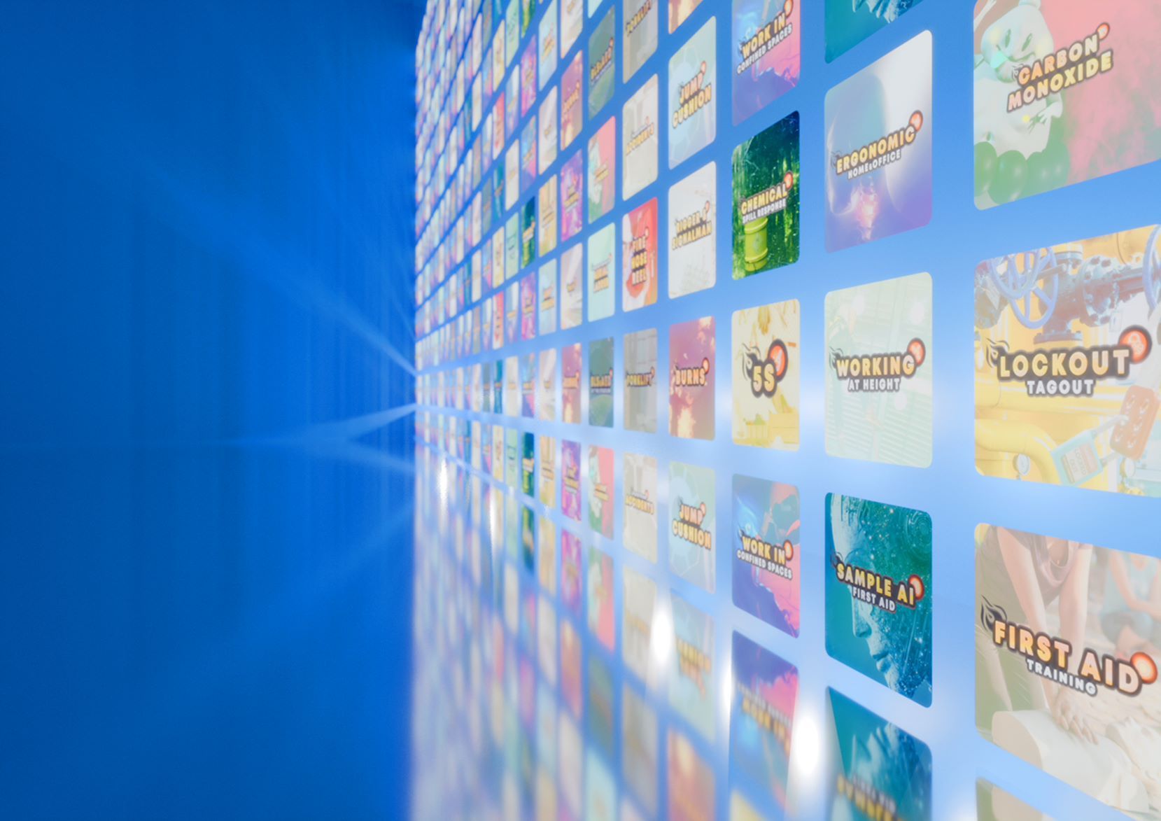 Un mur de jaquettes des applications de formation EHS VR