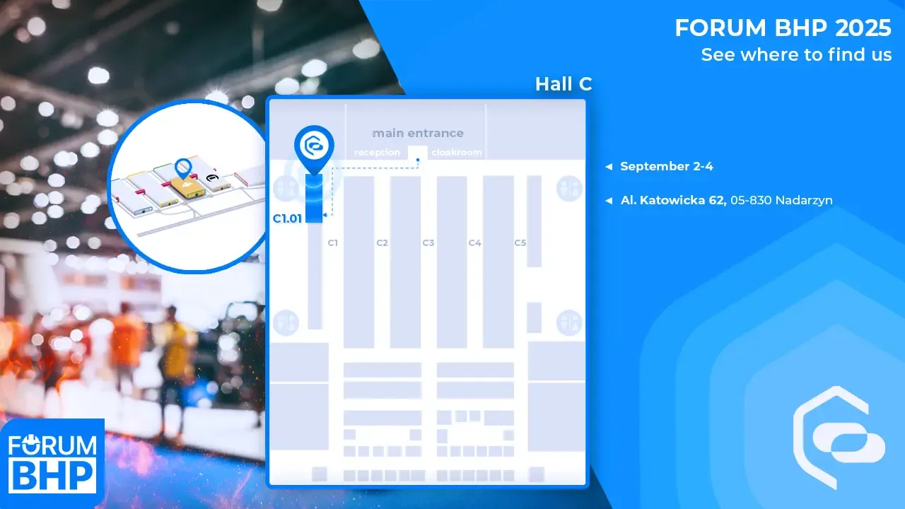 Floor plan of Hall C at Forum BHP 2025 showing the EHS VR booth C1.01, with the dates 2–4 September and the address Al. Katowicka 62, Nadarzyn