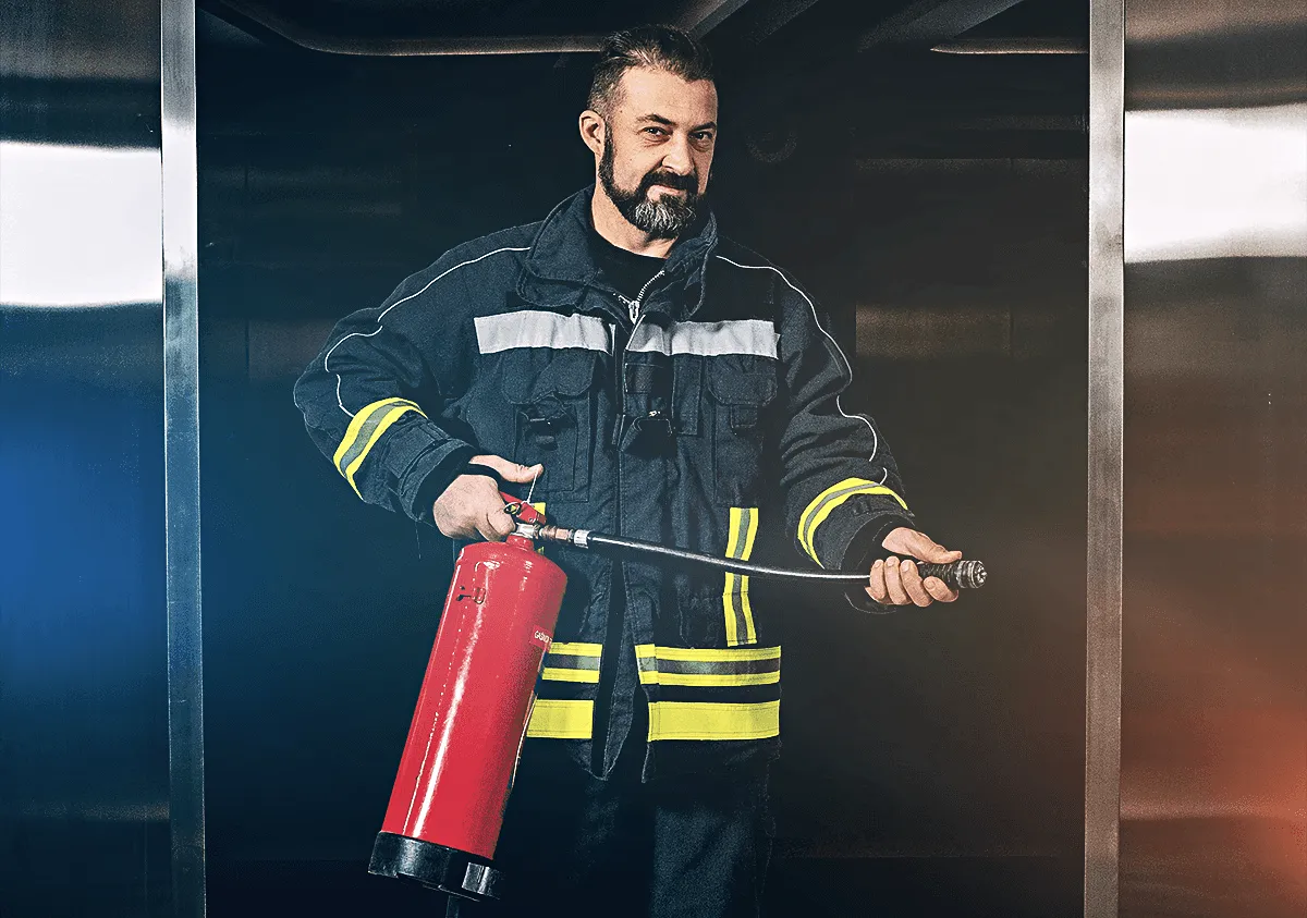 Firefighter with an extinguisher: the same scene in a VR headset and for real