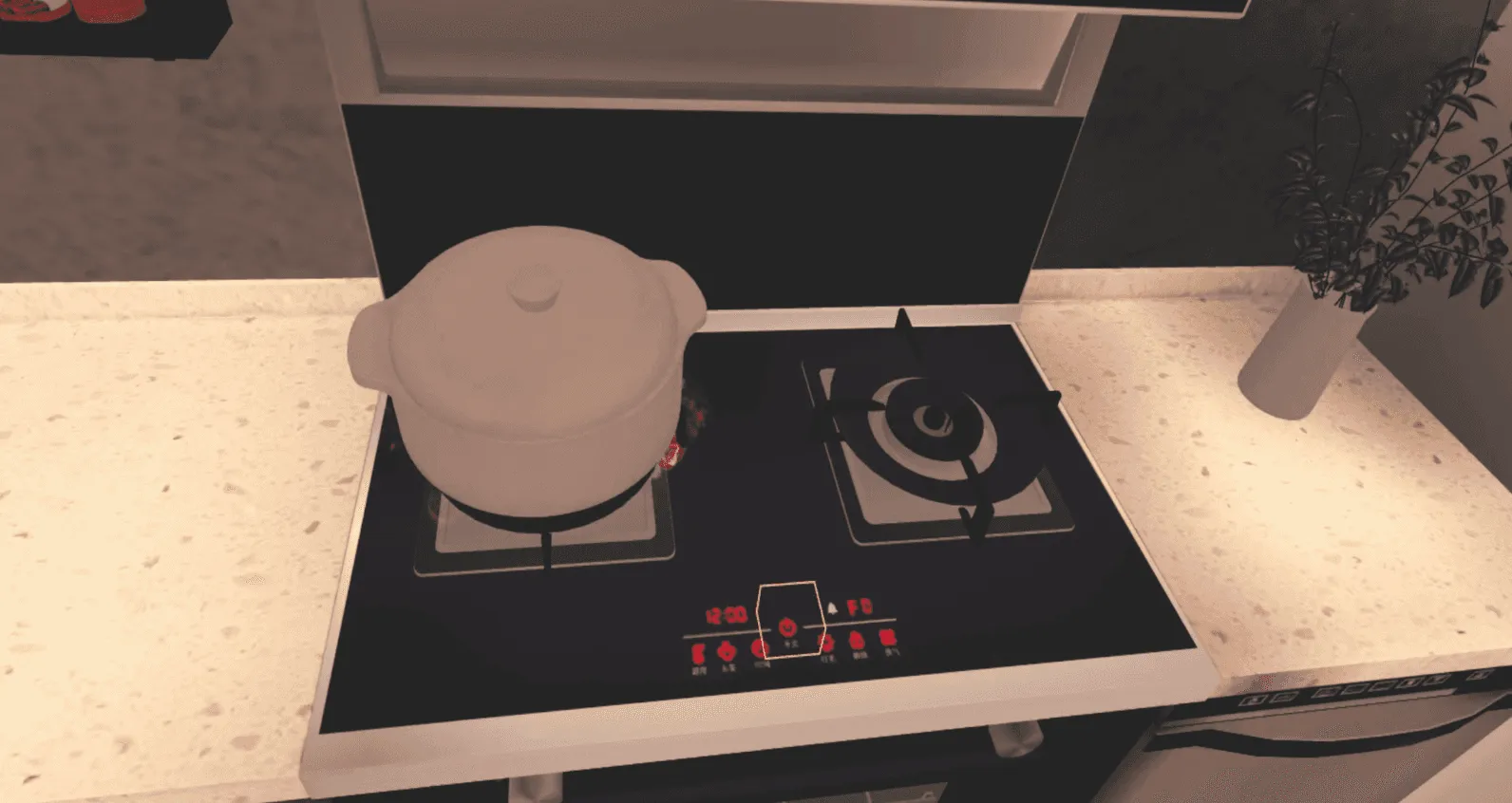 Cuisine en VR : plaque de cuisson à éteindre avant de quitter le logement.