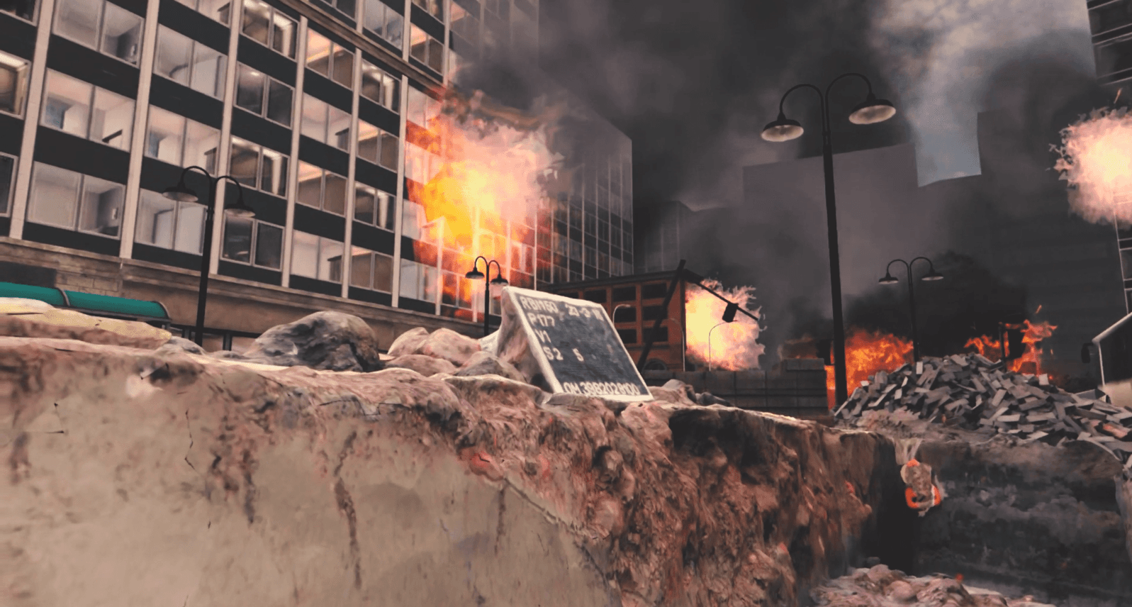 Zerstörte Straße mit brennenden Gebäuden nach einem Luftangriff in VR.