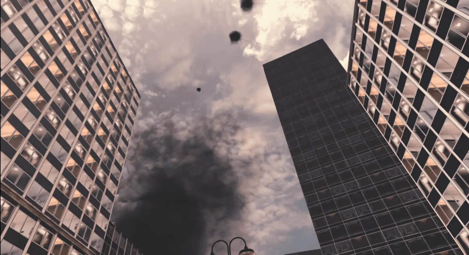 Drones et colonne de fumée entre des immeubles, vus depuis la rue en VR