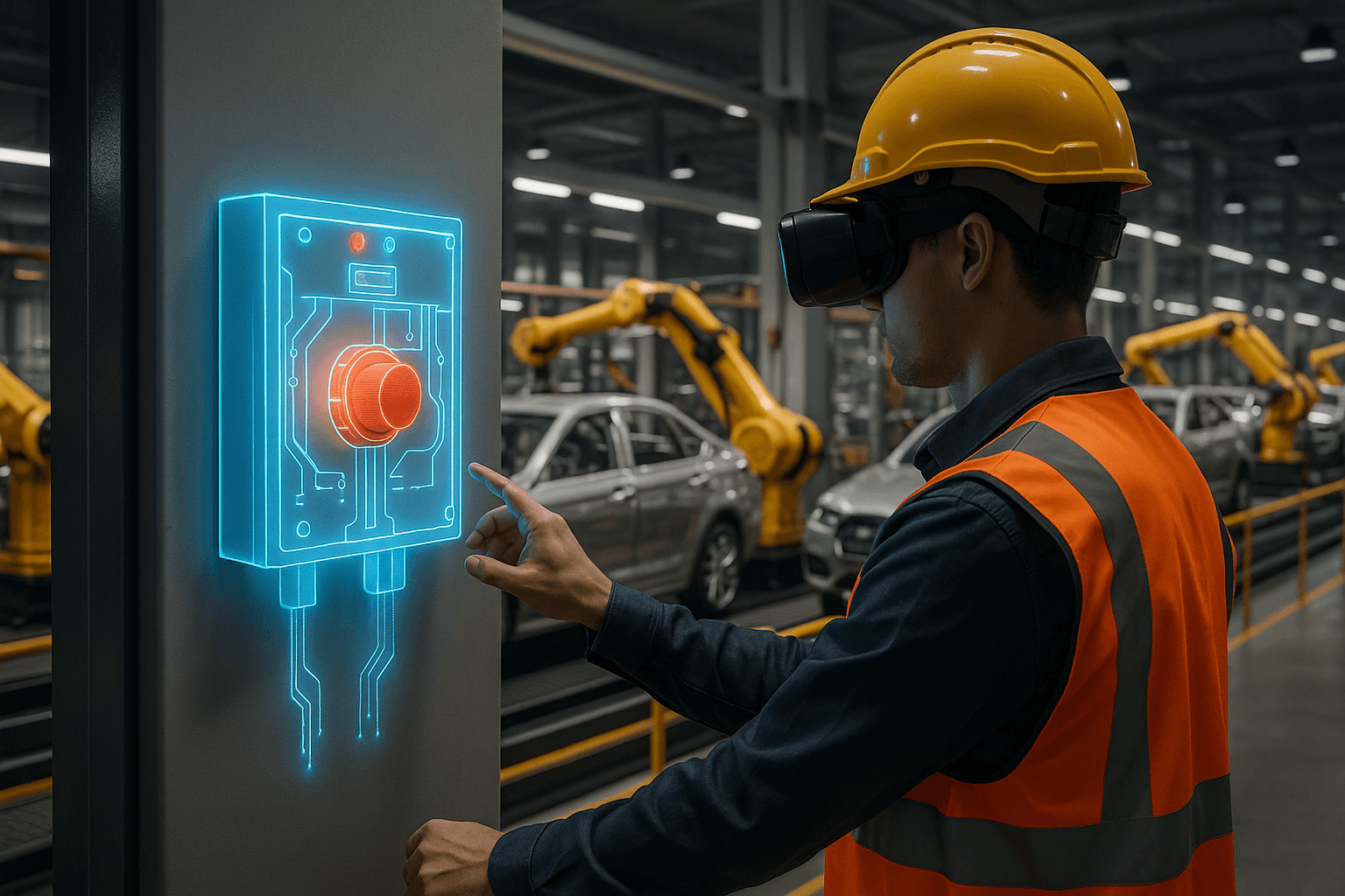 Automotive production worker in a VR headset and a hard hat pressing a virtual emergency stop