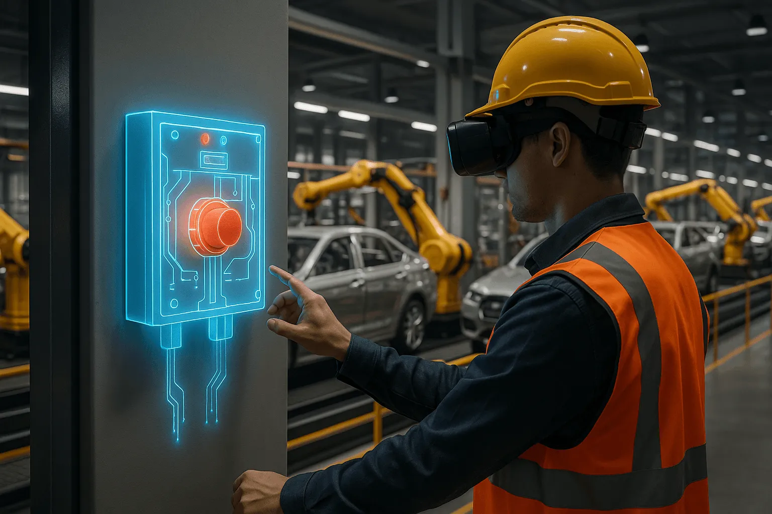 Automotive production worker in a VR headset and a hard hat pressing a virtual emergency stop