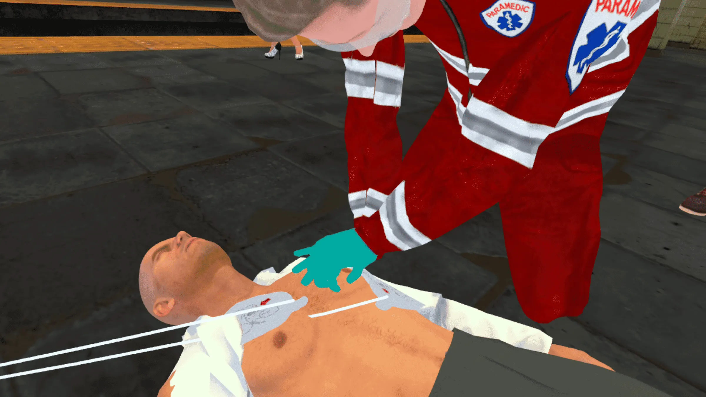 Mains virtuelles posant les électrodes d’un défibrillateur sur une victime, dans une application VR de premiers secours