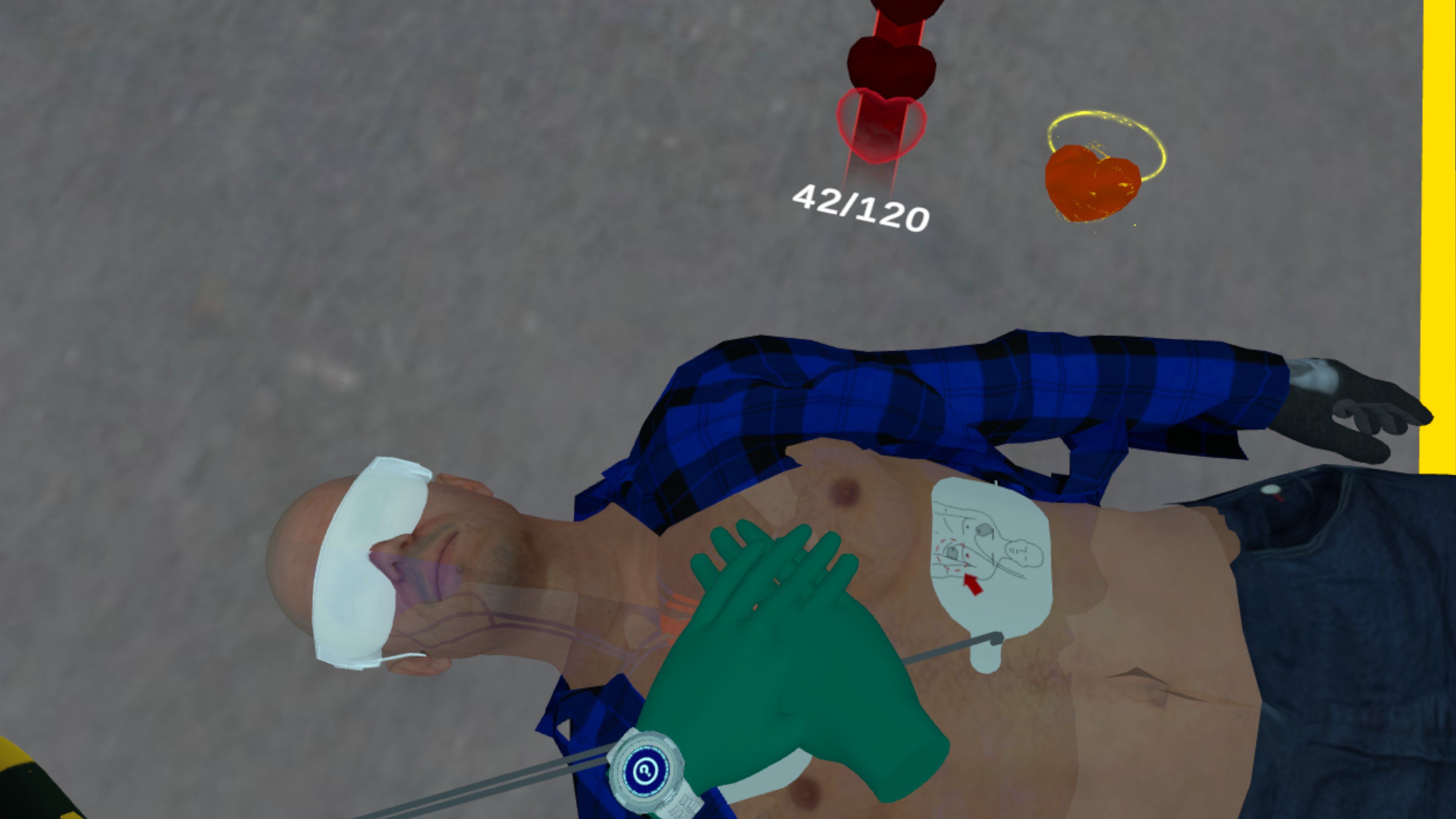 Premiers secours au travail en VR : RCP et défibrillation en usine.