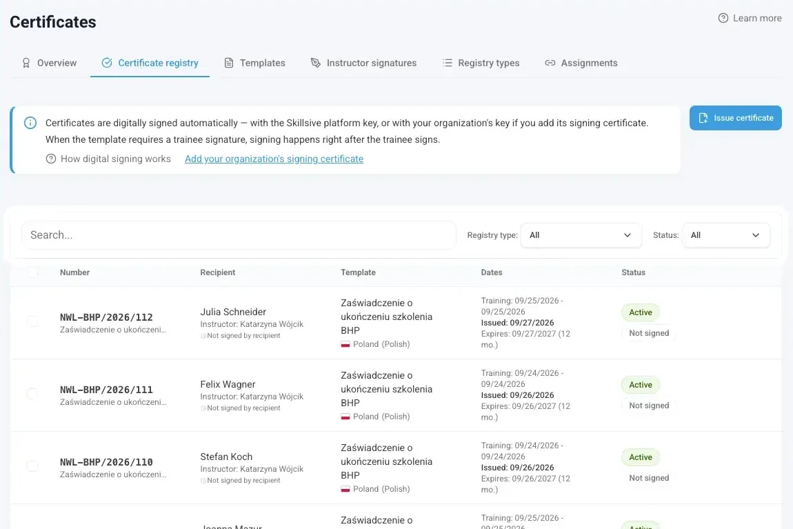Certificate register with numbers, recipients, templates, dates and status