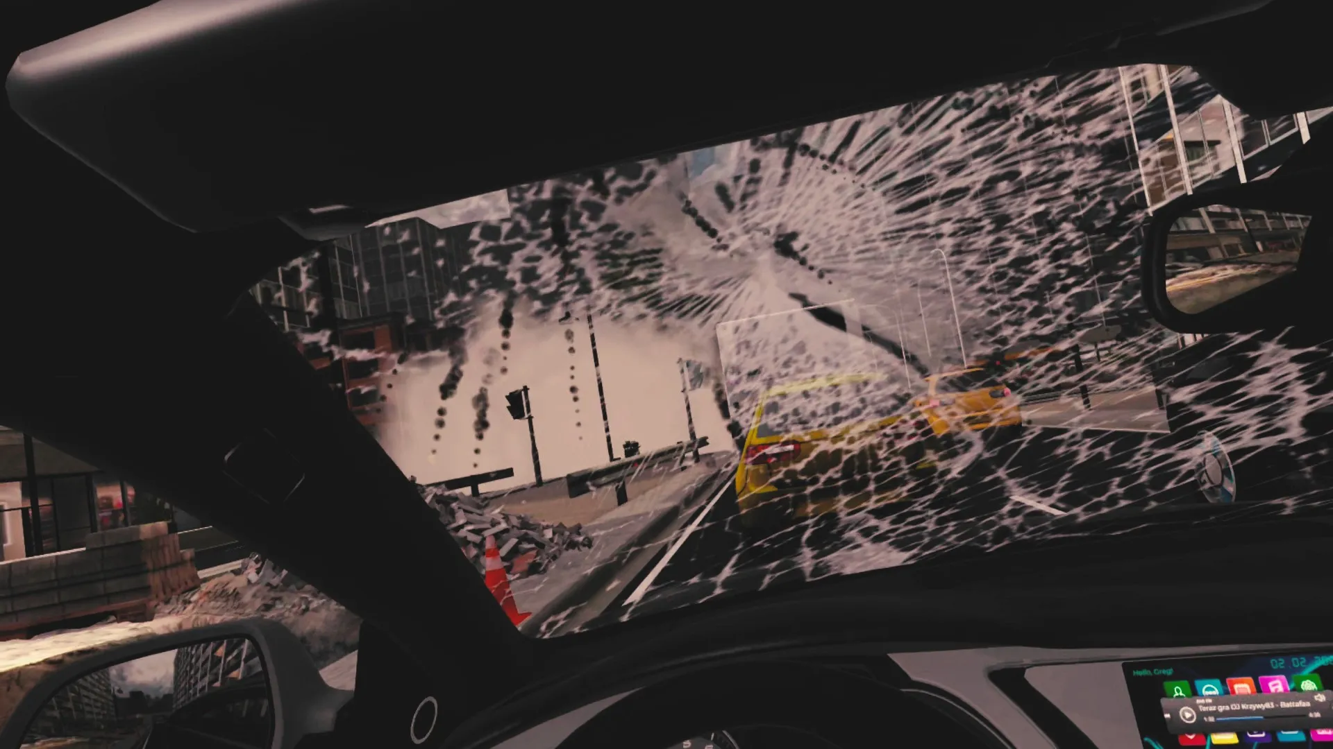 View through a shattered car windscreen in a city street during a civil defense VR scenario.