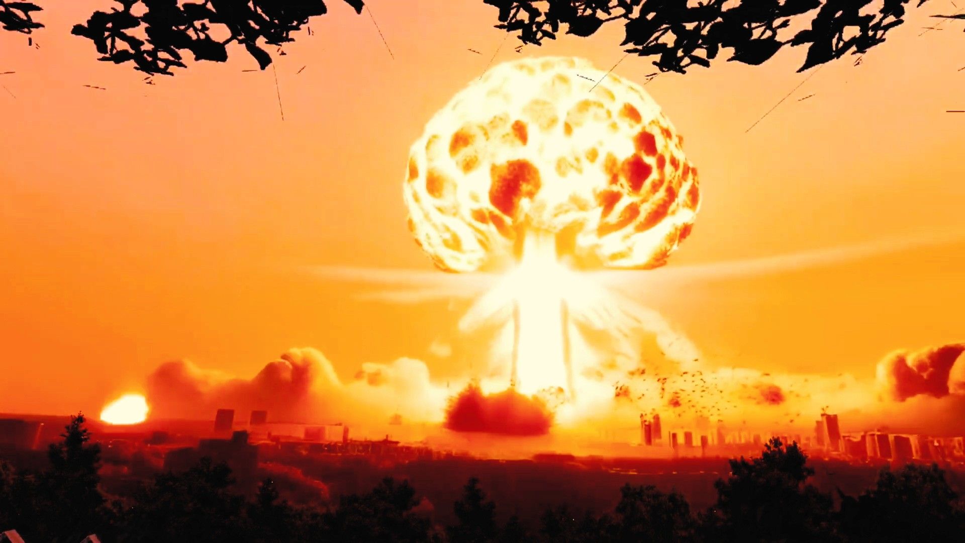 Nuclear explosion over a city in a civil defense VR lesson.