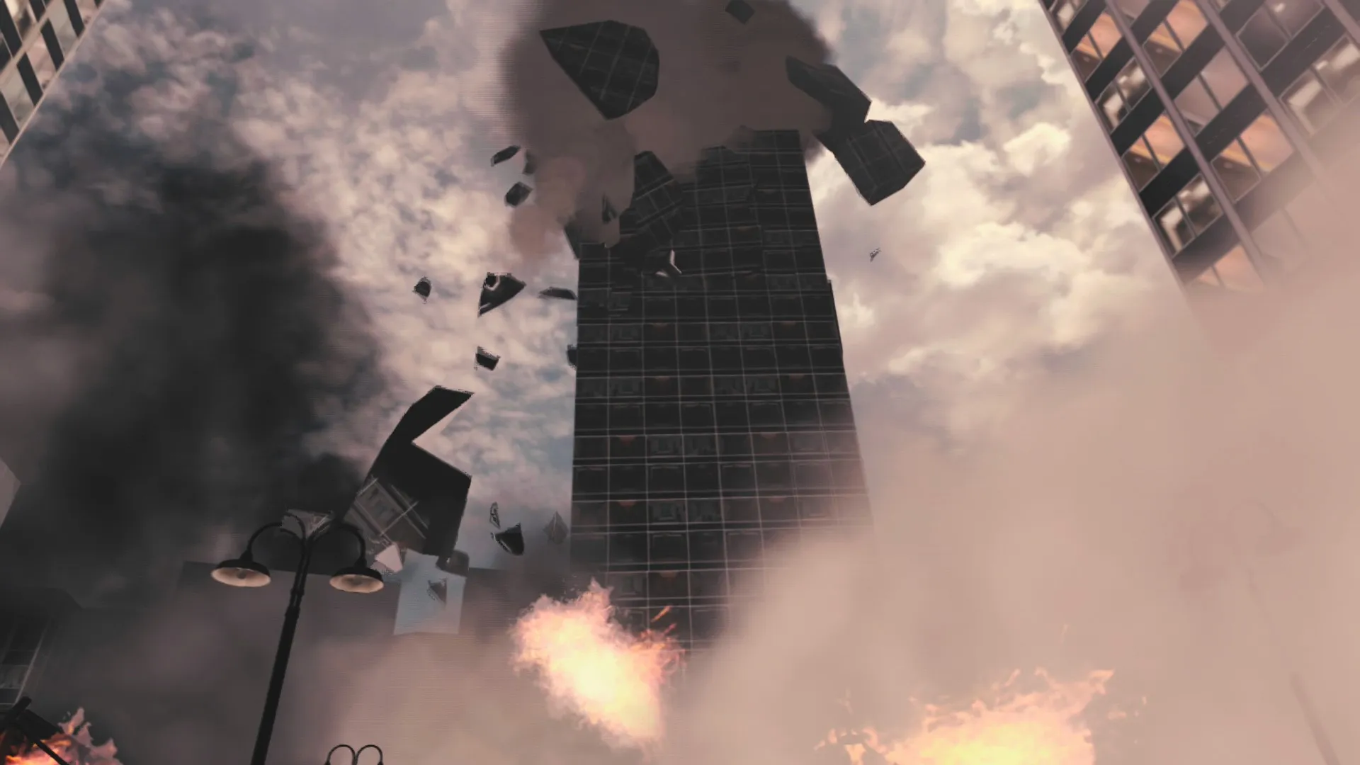 High-rise building hit during an air raid in a civil defense VR lesson.
