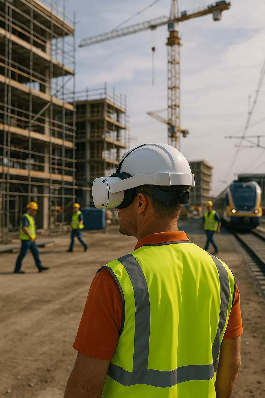 Construction worker in a VR headset and a hard hat on a building site