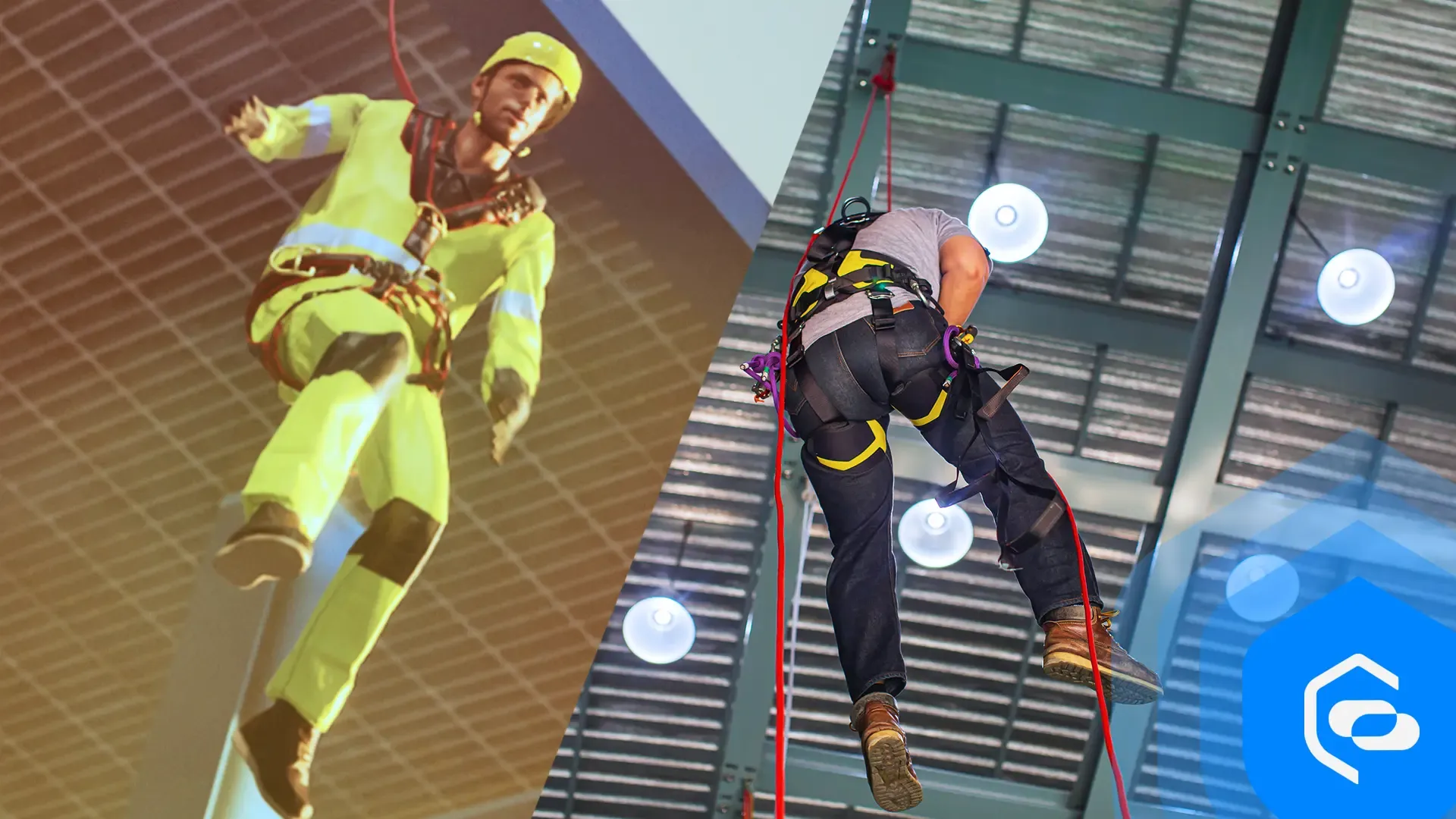 Deux silhouettes, l’une humaine et l’autre virtuelle, suspendues dans un harnais après une chute de hauteur