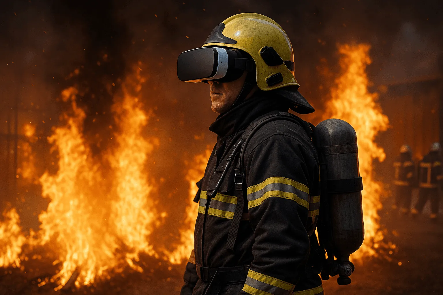 Firefighter in a breathing apparatus and a VR headset in front of flames