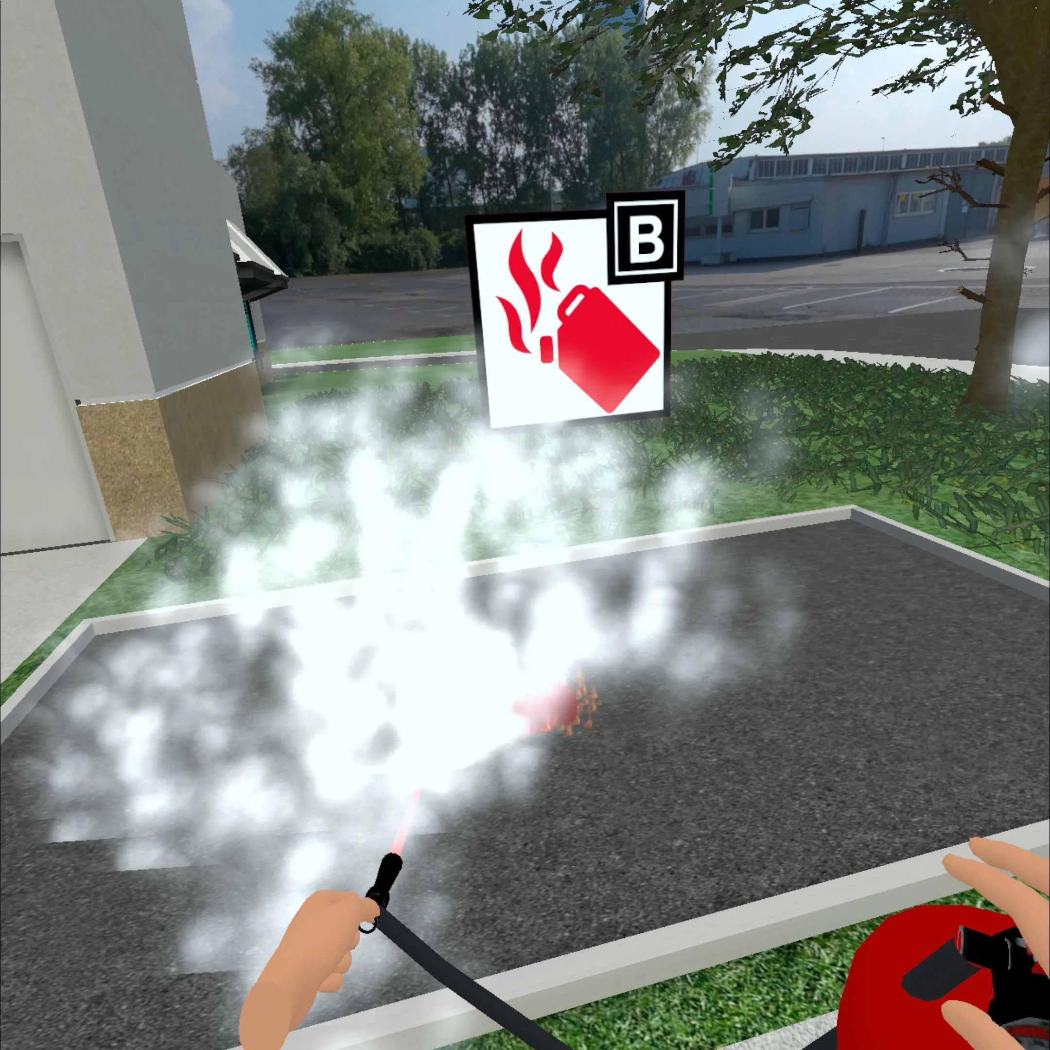 Brandschutz am Arbeitsplatz in VR: so bedient man einen Feuerlöscher.