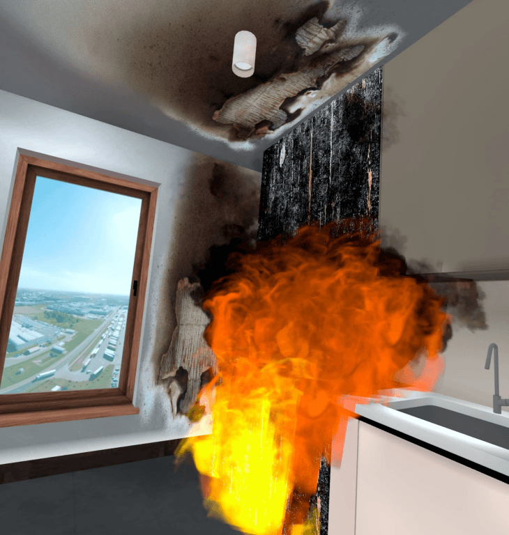Formación VR en seguridad contra incendios: procedimientos de evacuación de emergencia.