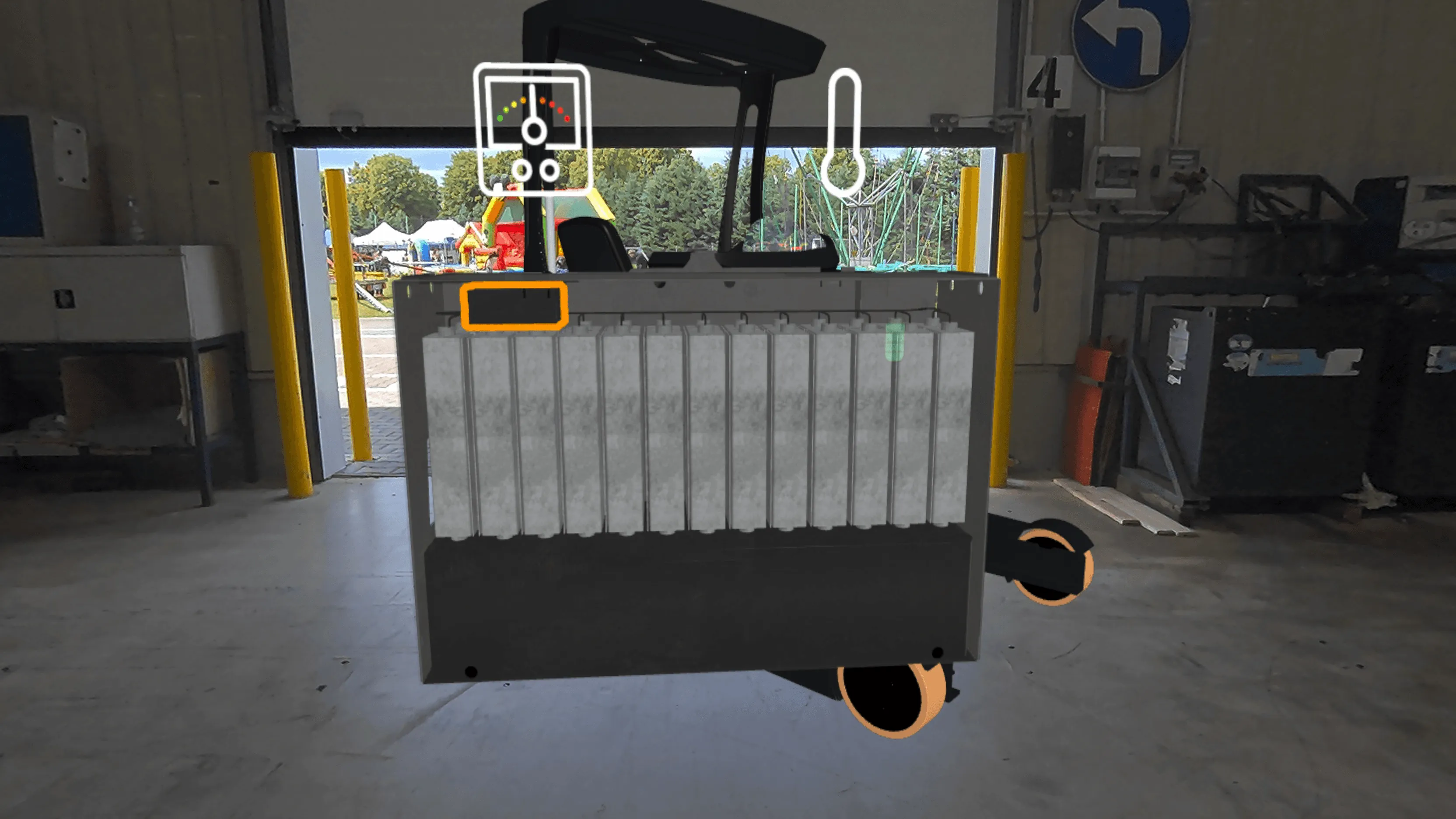 Lithium-ion battery pack taken out of the forklift, with temperature indicators, in VR.