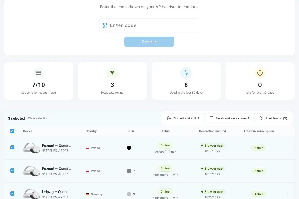 Headset list with the pairing code field, headsets online and actions for three selected headsets