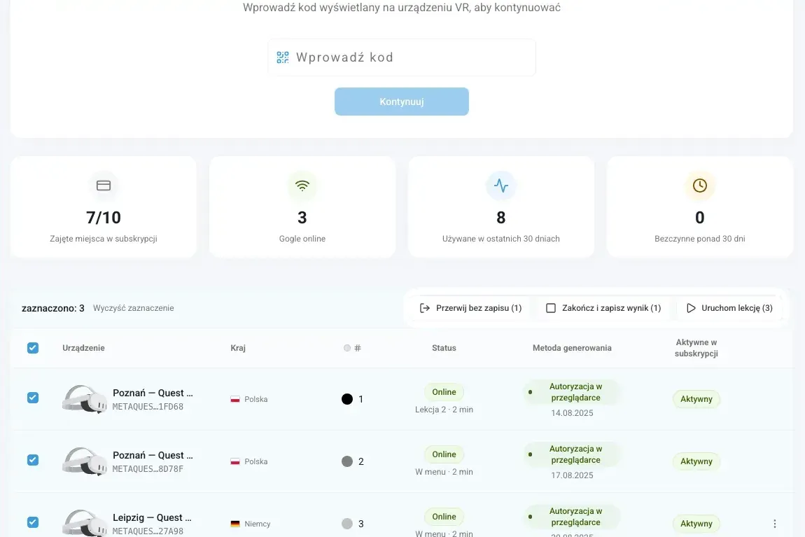 Lista gogli z polem na kod parowania, goglami online i akcjami dla trzech zaznaczonych gogli