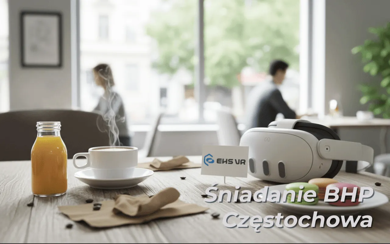 A VR headset on a café table next to coffee, orange juice and macarons, with the caption Śniadanie BHP Częstochowa