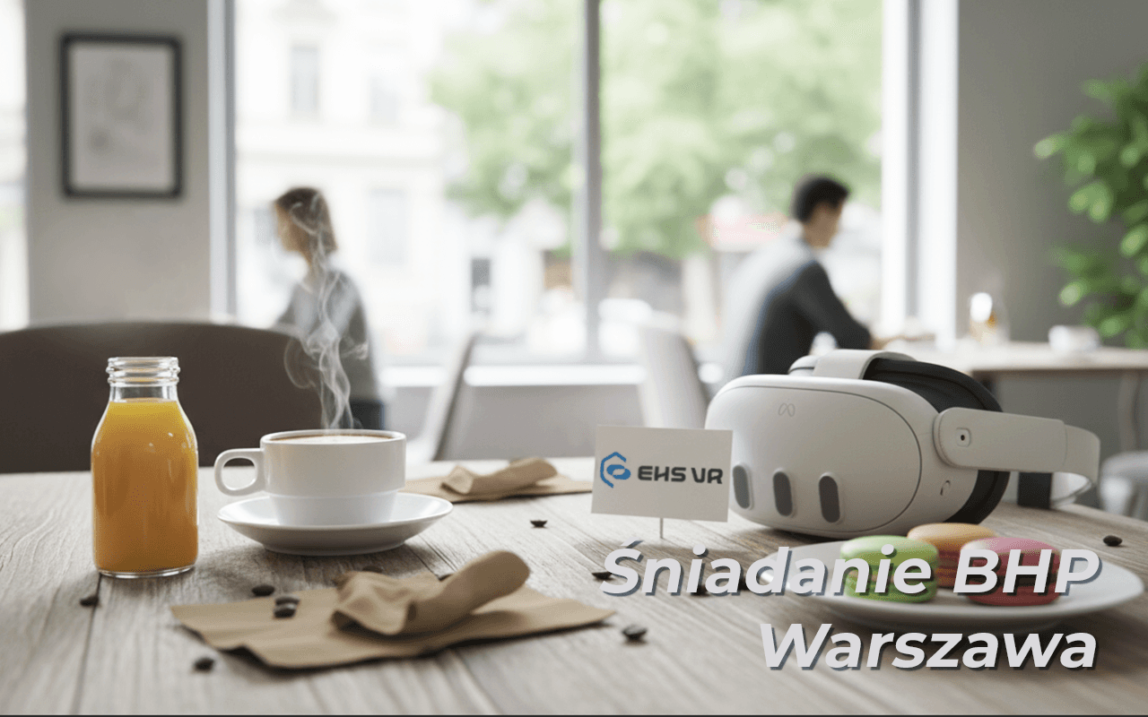 A VR headset on a café table next to coffee, orange juice and macarons, with the caption Śniadanie BHP Warszawa