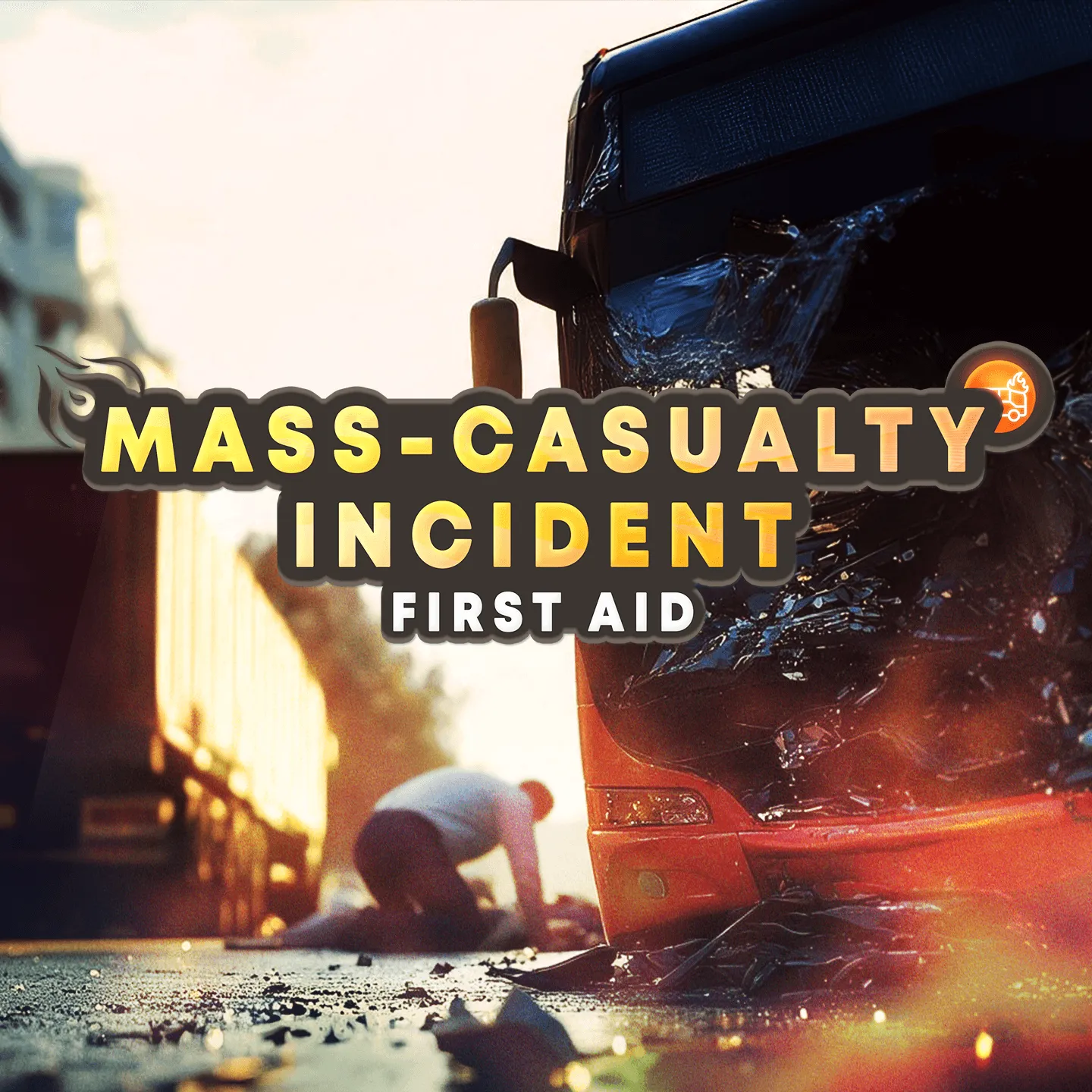 Cover art: Mass-Casualty Incident First Aid, rescuer next to a casualty by a crashed bus