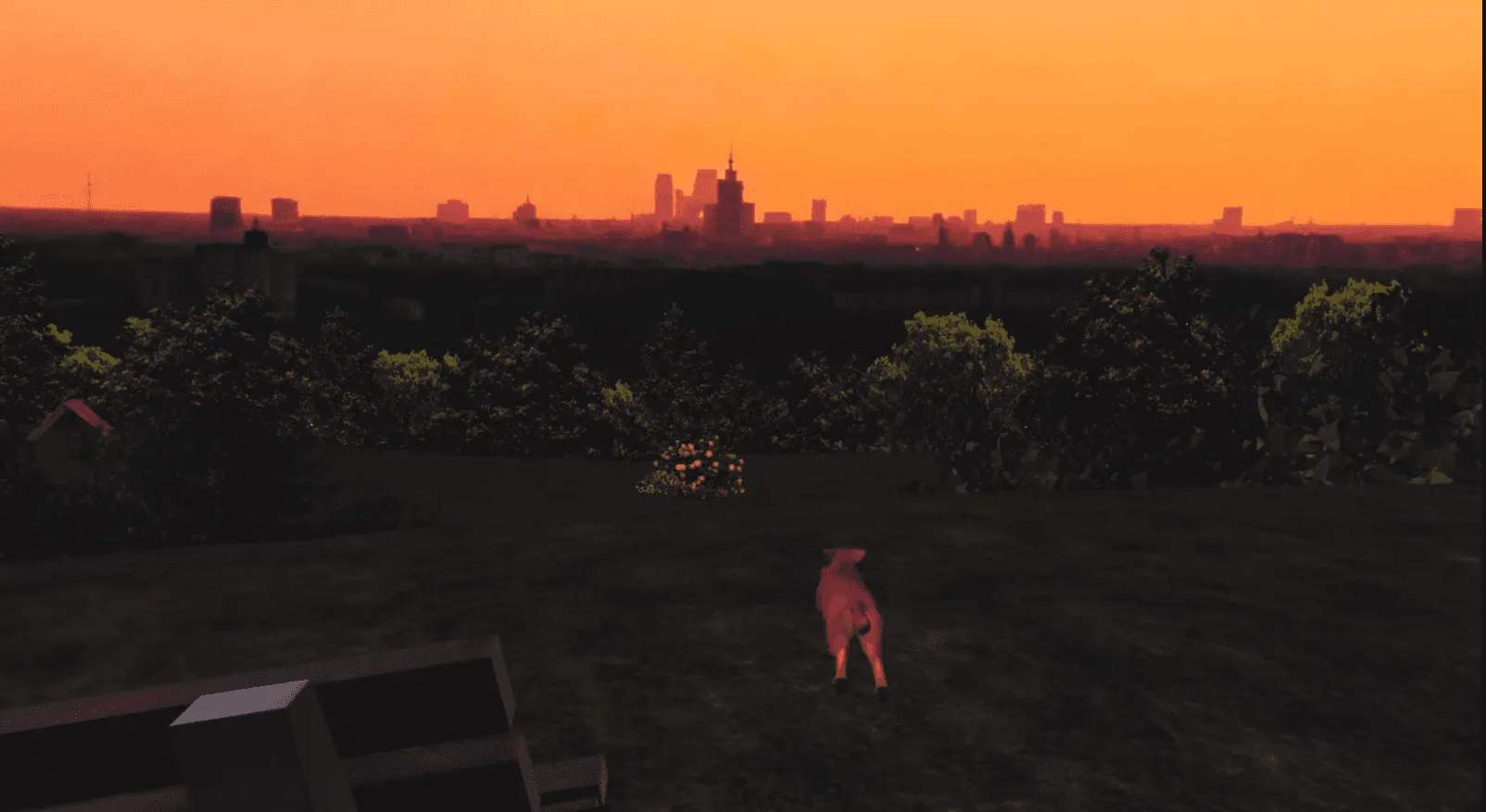 Stadtsilhouette in der Abenddämmerung in der VR-Simulation Atomangriff.