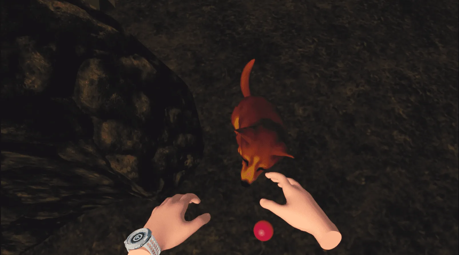 Blick auf die eigenen Hände und einen Hund in der VR-Simulation Atomangriff.