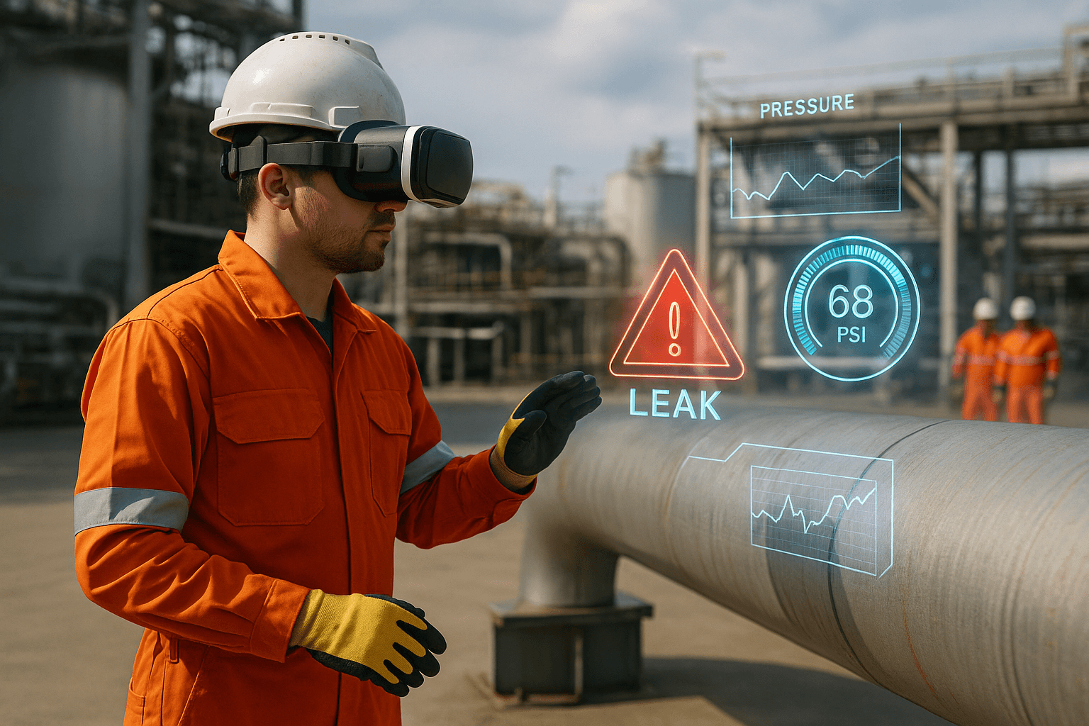 Oil and gas worker in a VR headset and a hard hat at a pipeline with a leak warning