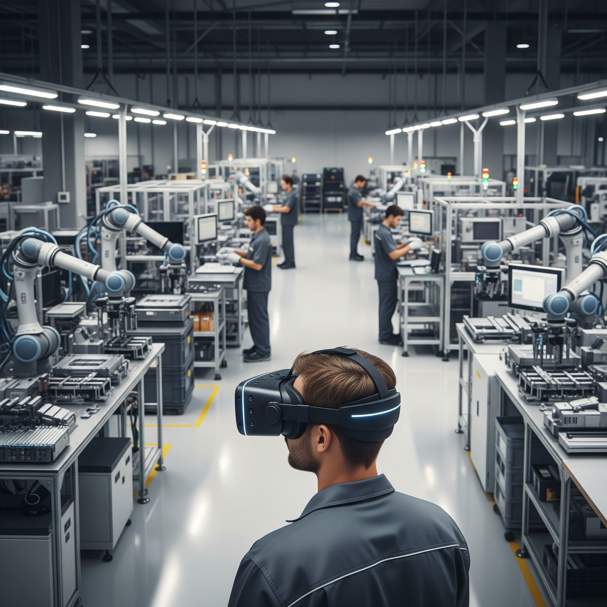 Produktionsmitarbeiter mit VR-Brille in einer Fabrikhalle mit Roboterarmen