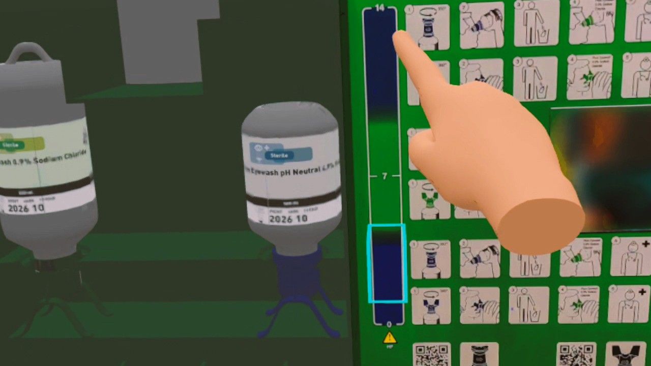 Eyewash station and decontamination instructions on a wall in the Safety Shower VR training.