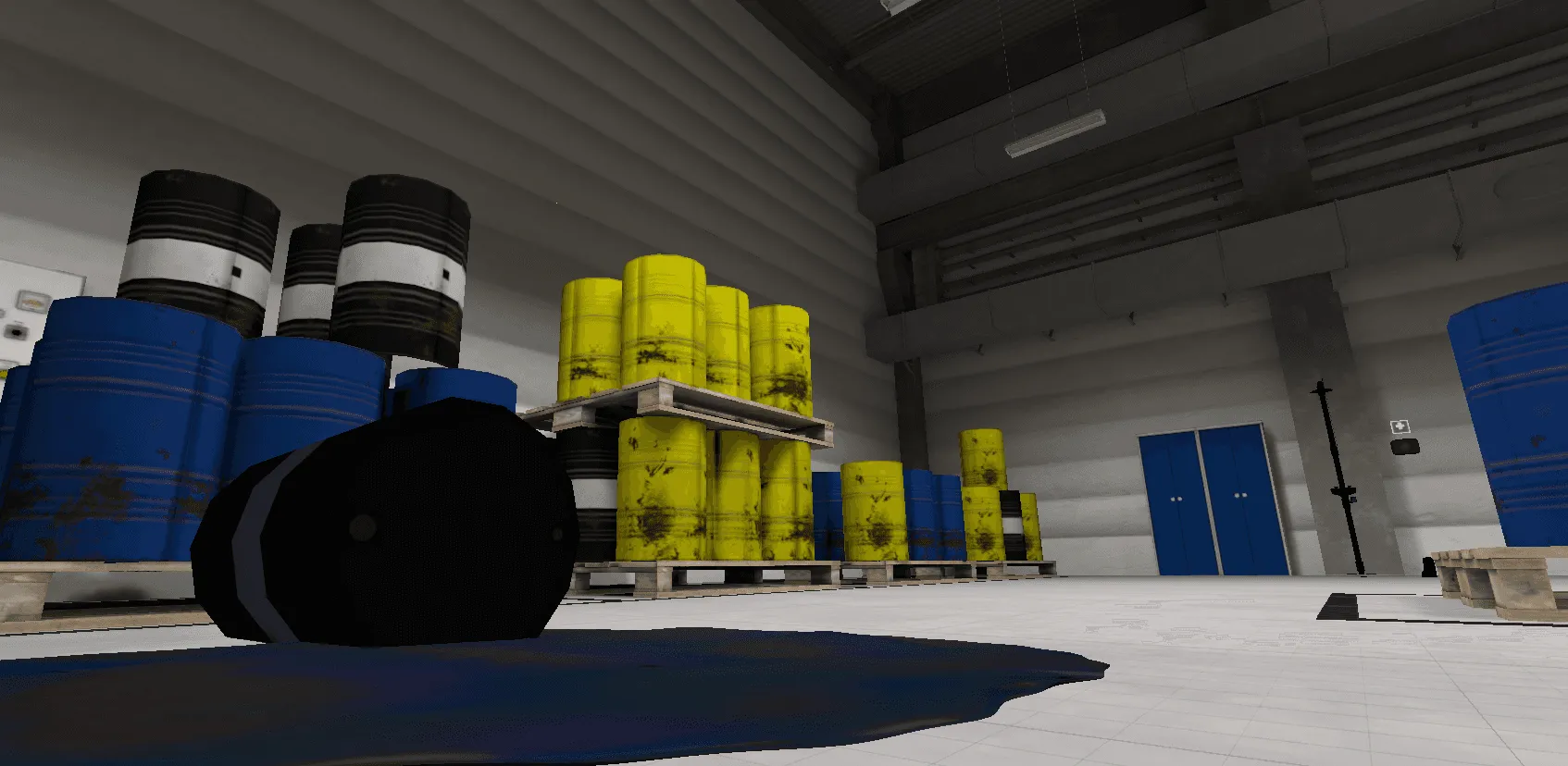 Chemical spill from leaking drums in a warehouse in the Safety Shower VR training.