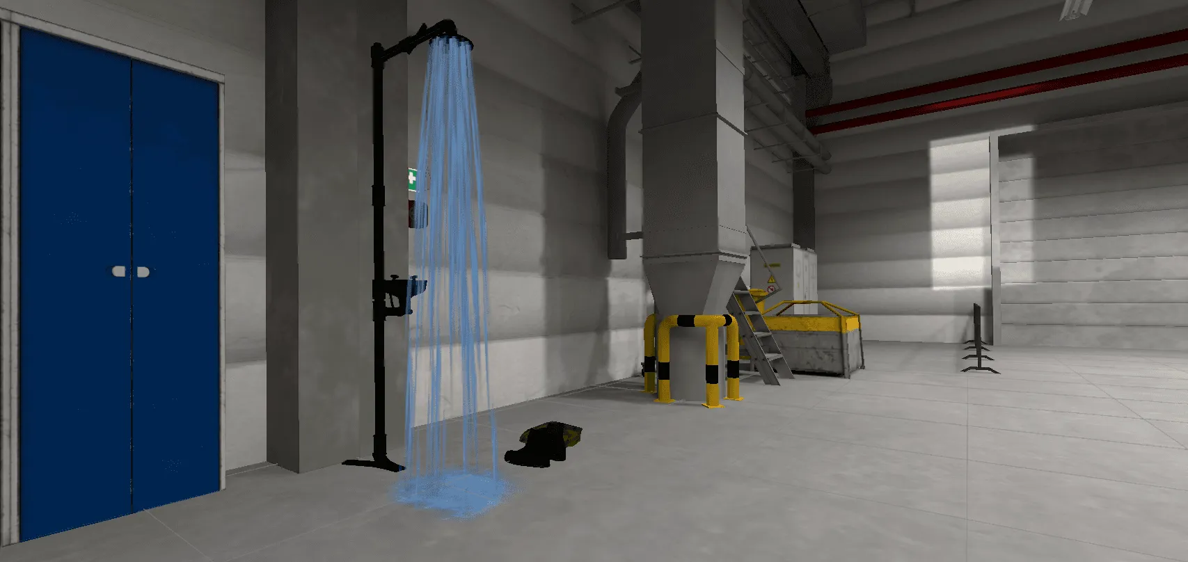 Emergency safety shower running in an industrial hall in VR.