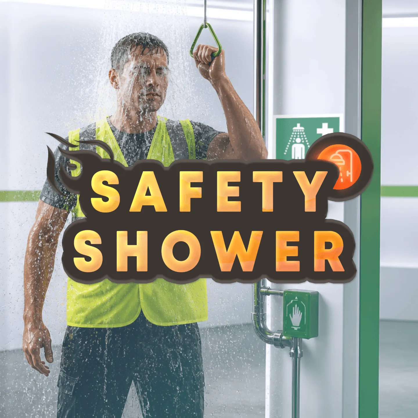 Cover art: Safety Shower, worker under an emergency shower