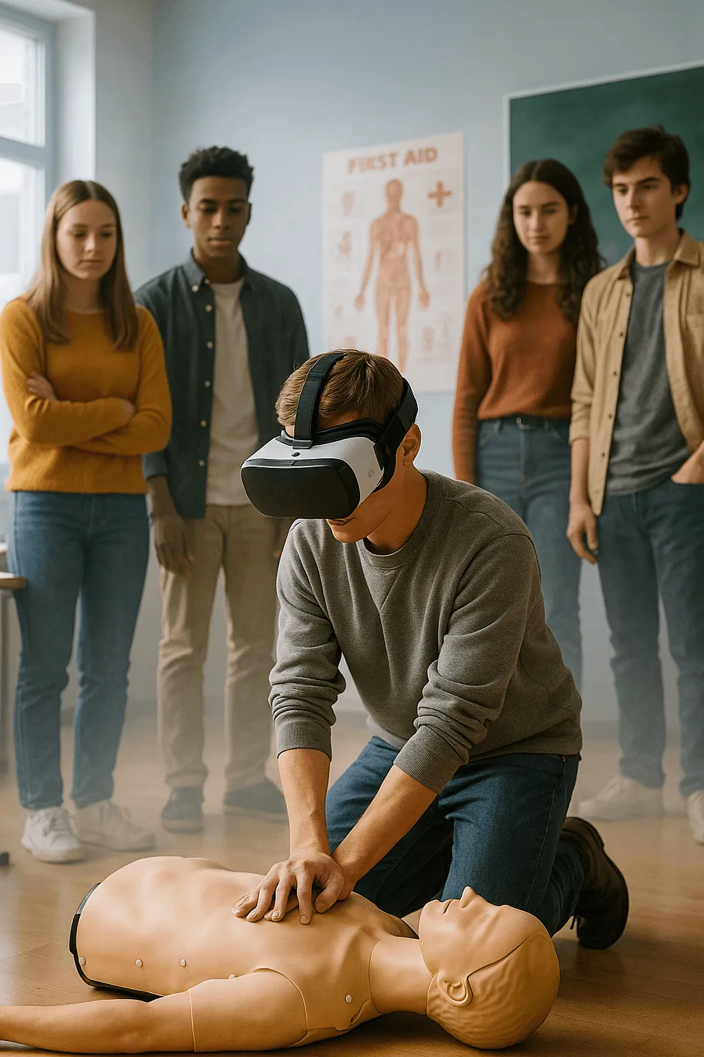 Students watching a classmate in a VR headset practice CPR on a manikin