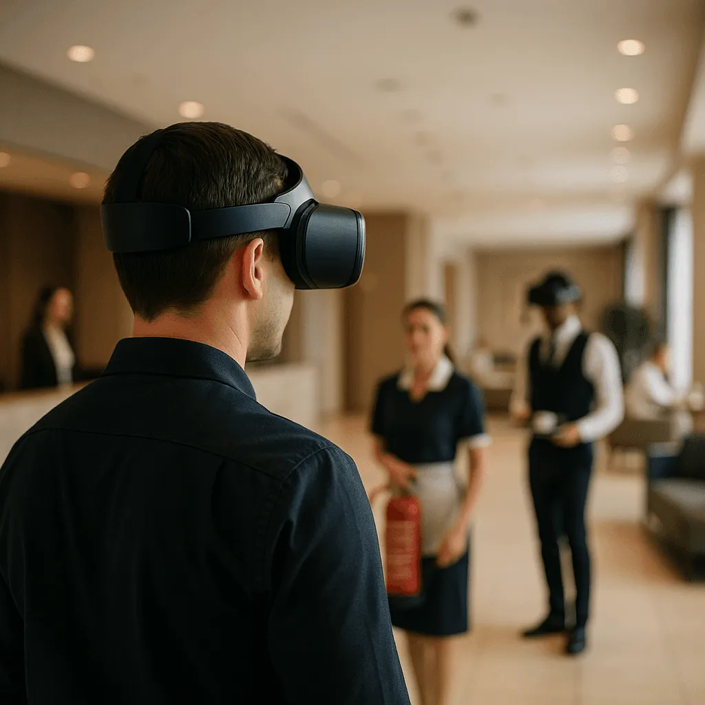 Hotel employee in a VR headset in a lobby with staff and a fire extinguisher nearby