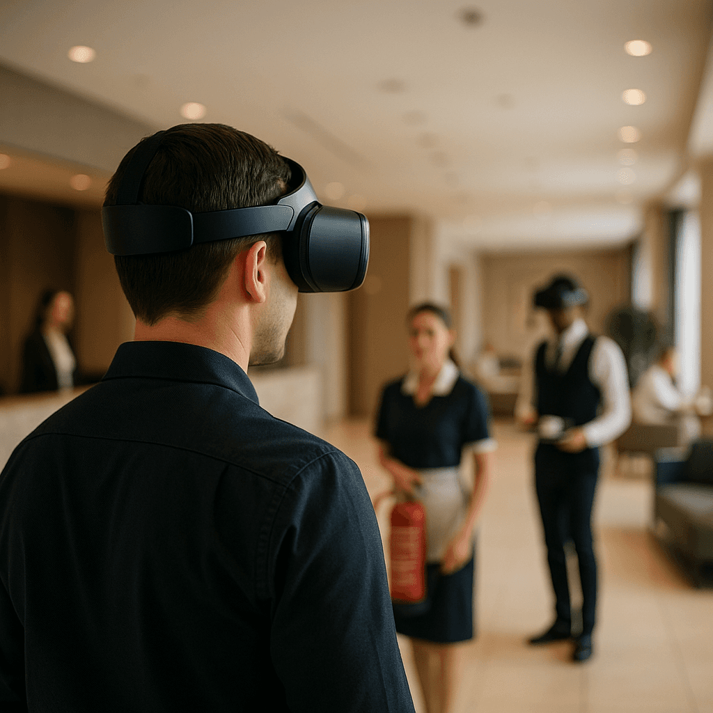 Hotelmitarbeiter mit VR-Brille in einer Lobby, in der Nähe Personal und ein Feuerlöscher