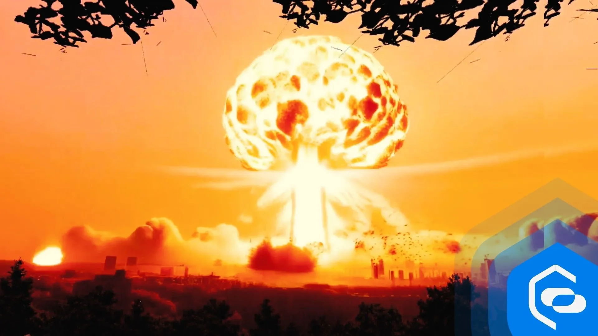 A nuclear-style explosion with a mushroom cloud over a city at sunset