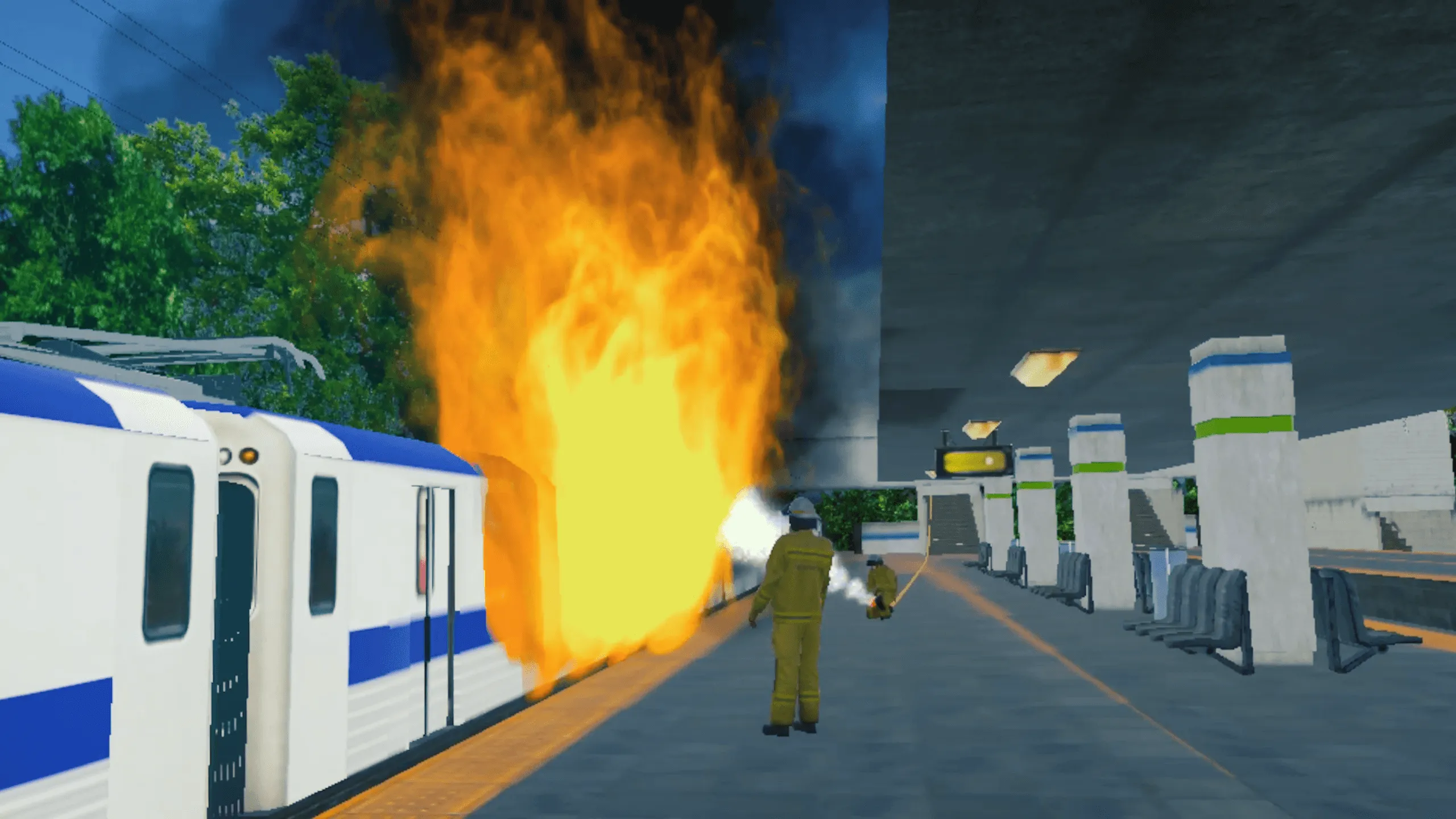 VR fire response training – handling train fire emergencies.