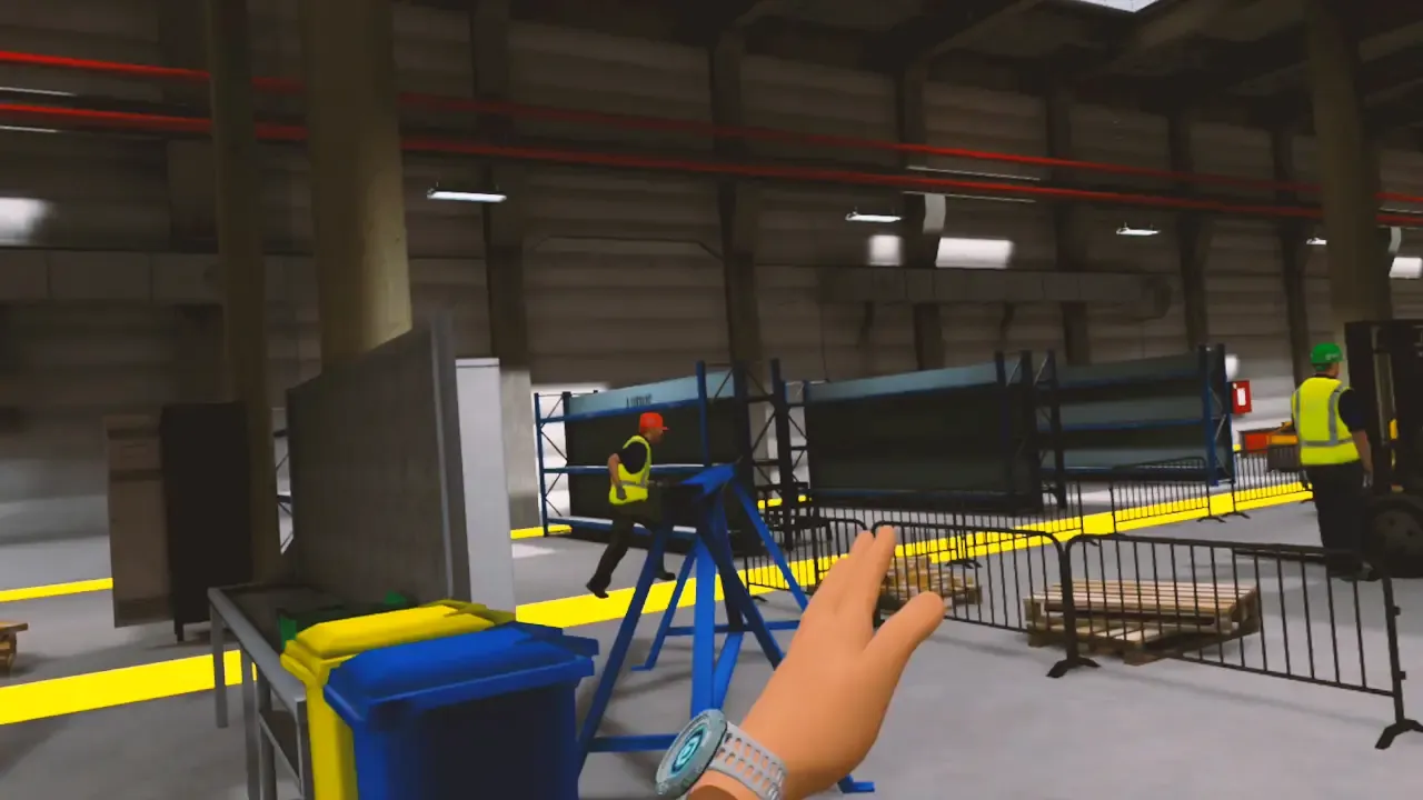 Warehouse Fire VR – using a fire extinguisher during fire marshal training.